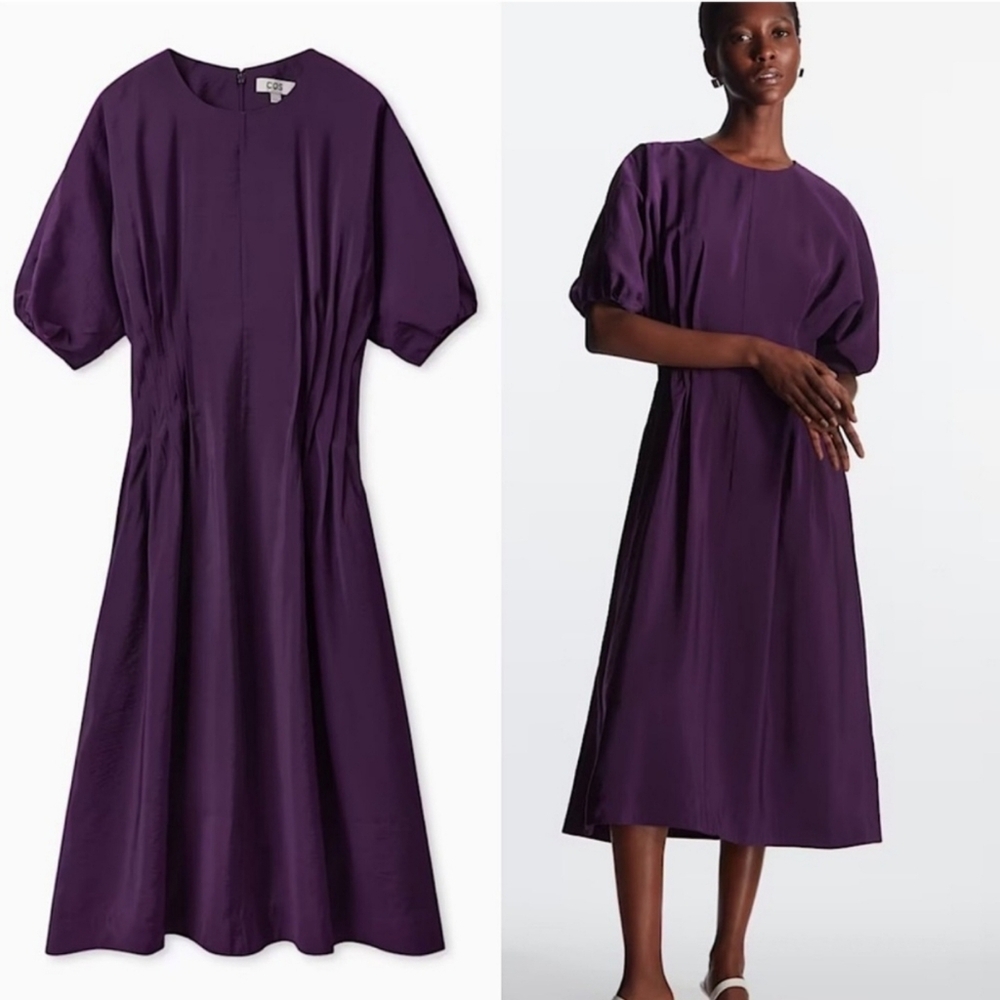 COS Purple Pleated Puff Sleeve Midi Dress